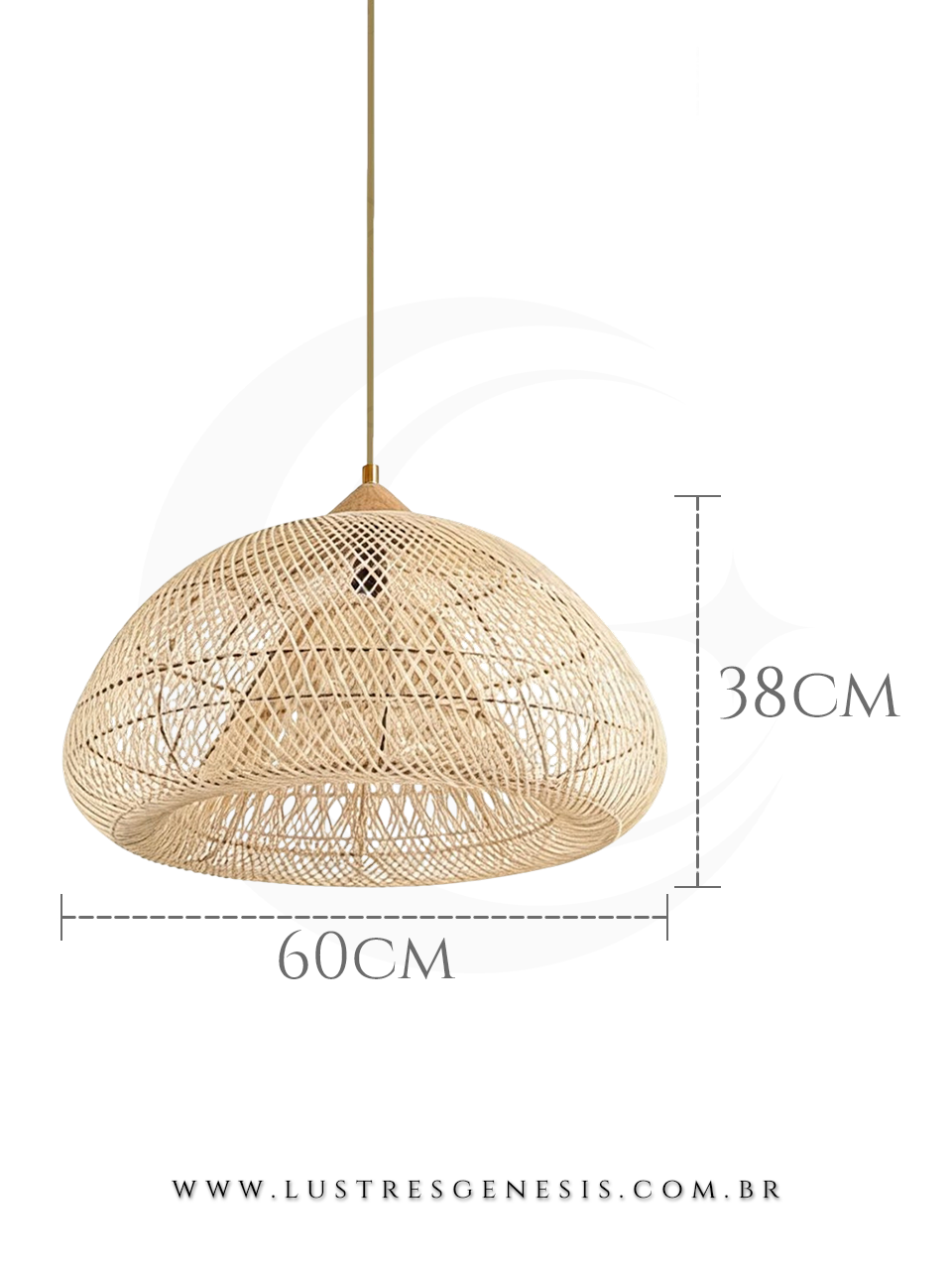 L&uacute;minaria Pendente de Rattan Natural &Oslash;60cm Dourado com Canopla Madeira para Bancada Cozinha &Aacute;rea Gourmet, Lav